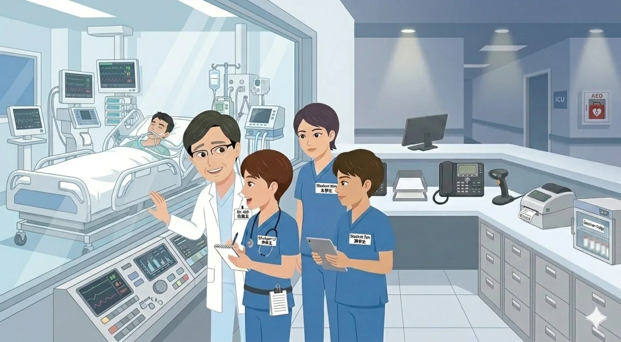 加護病房教學查房：主治醫師向三位穿刷手服的學生說明，病床上有一位使用呼吸器的病人，旁邊是監視器與生命徵象螢幕